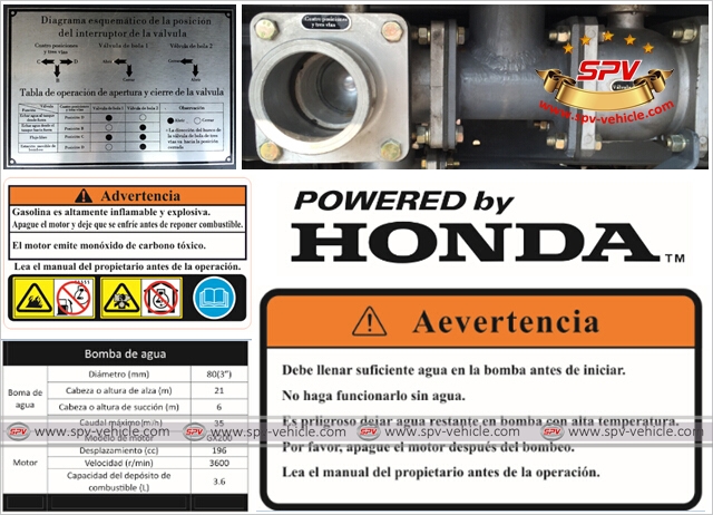 Details of water tanker JAC equipped with gasoline engine pump HONDA - Spanish markings